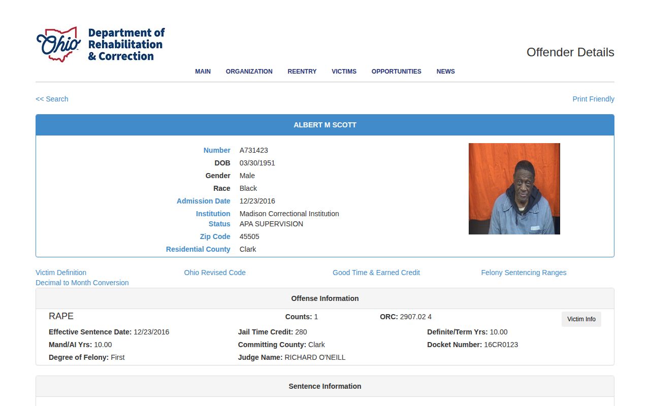 London Correctional Institution release lookup with ODRC APA supervision fields