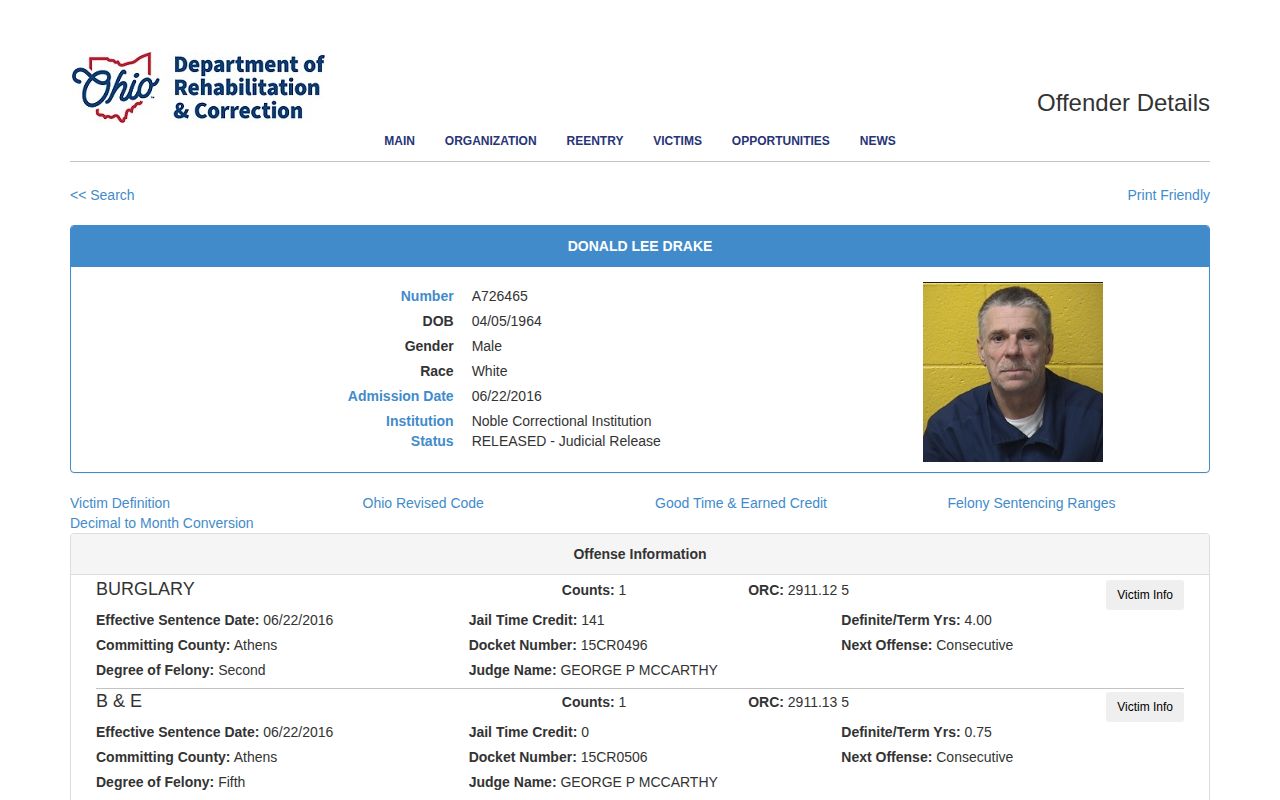 Madison Correctional Institution judicial release and supervision fields