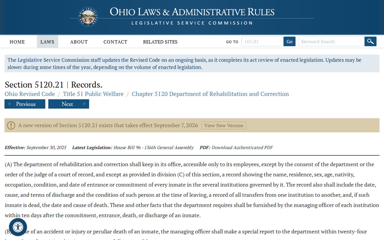 Ohio law governing ODRC discharge records for Madison County released inmates