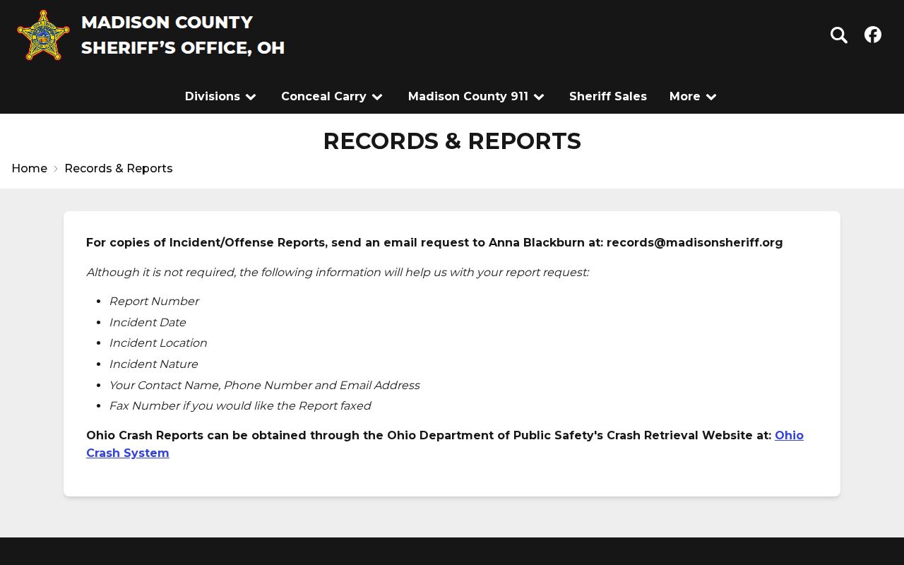 Madison County release records contact on the Sheriff records page
