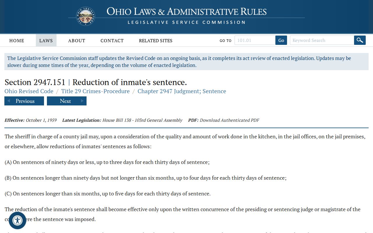 Madison County projected release date and Ohio jail work-credit statute