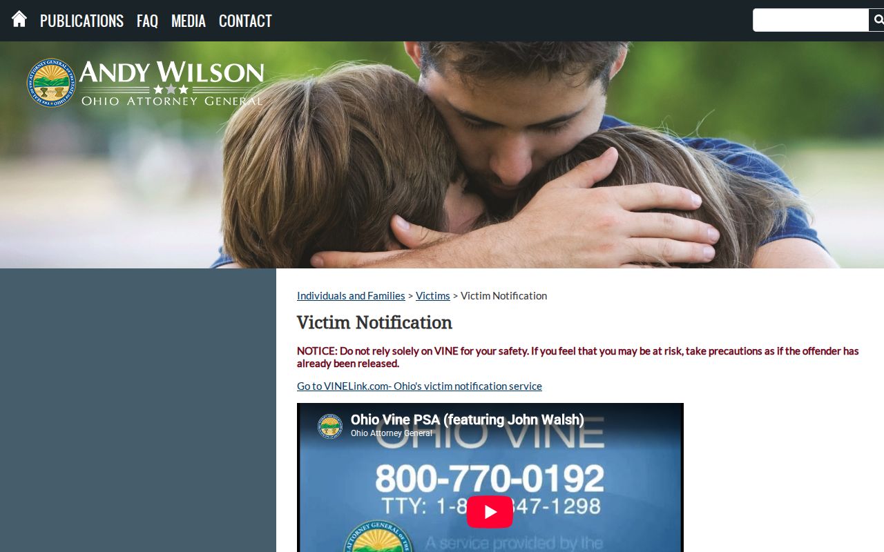 Ohio victim notification information supporting Madison County VINELink release alerts